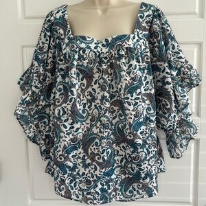 Terra & Sky Boho Paisley Peasant Top Size 3X Wide Ruffle Sleeves 100% Cotton